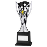 SILVER/BLACK PLASTIC 'FLASH' CUP ON BASE ASSEMBLED TROPHY (1" CEN) - 8.5in